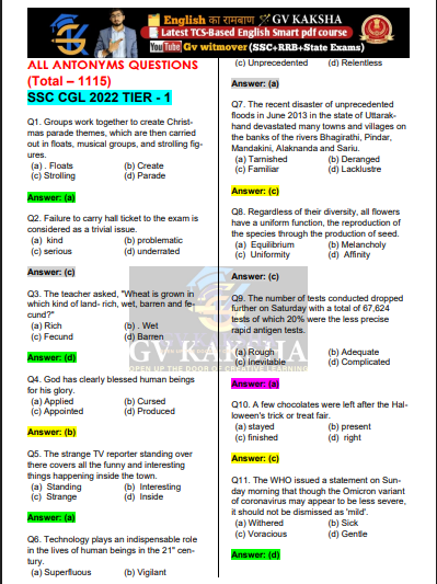 SSC (ENGLISH) Antonyms-1 question pdf