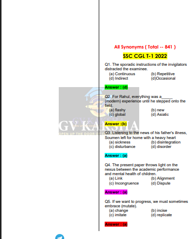 SSC (ENGLISH) Synonyms question pdf