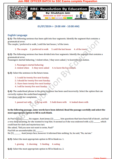 English Subject SSC CHSL 2024 RBE question pdf