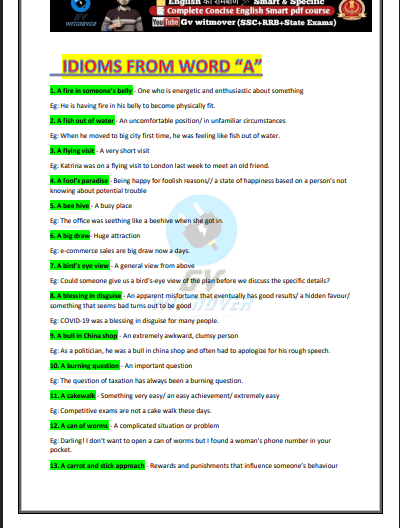 SSC (ENGLISH) IDIOMS BY GV Sir  question pdf