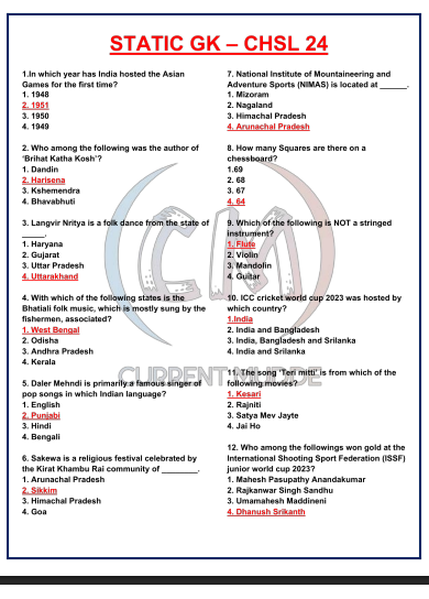 STATIC GK CHSL 24 COMPILATION QUESTION PDF